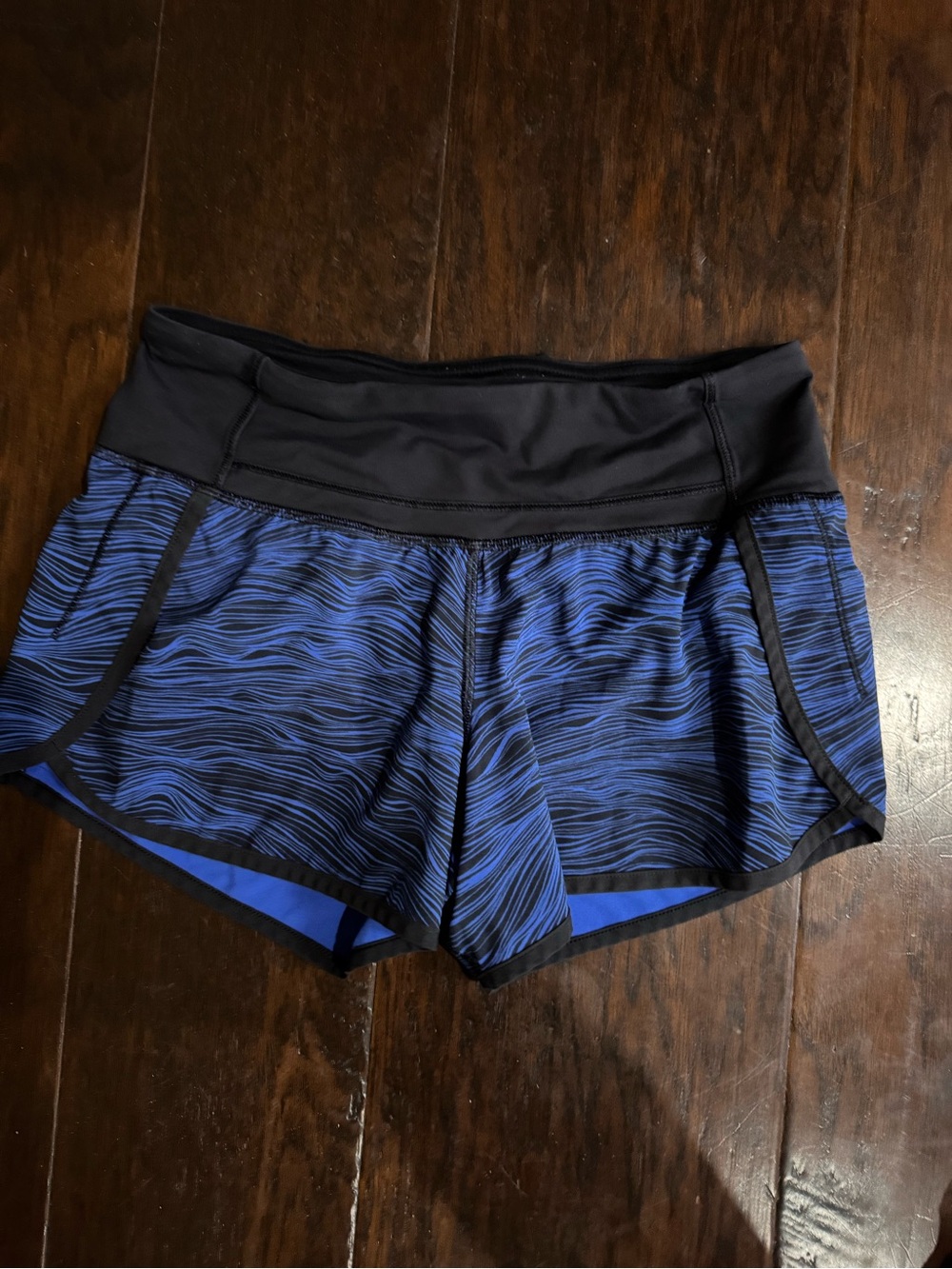 lululemon athletica Blue Wave Pattern Running Shorts with Black Waistband